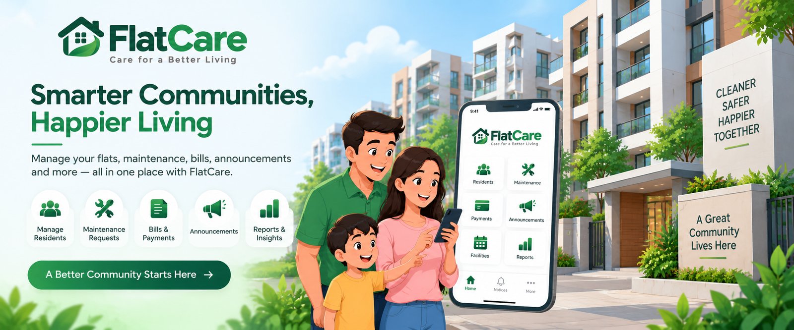 FlatCare apartment and society management software on a resident's phone outside a housing society